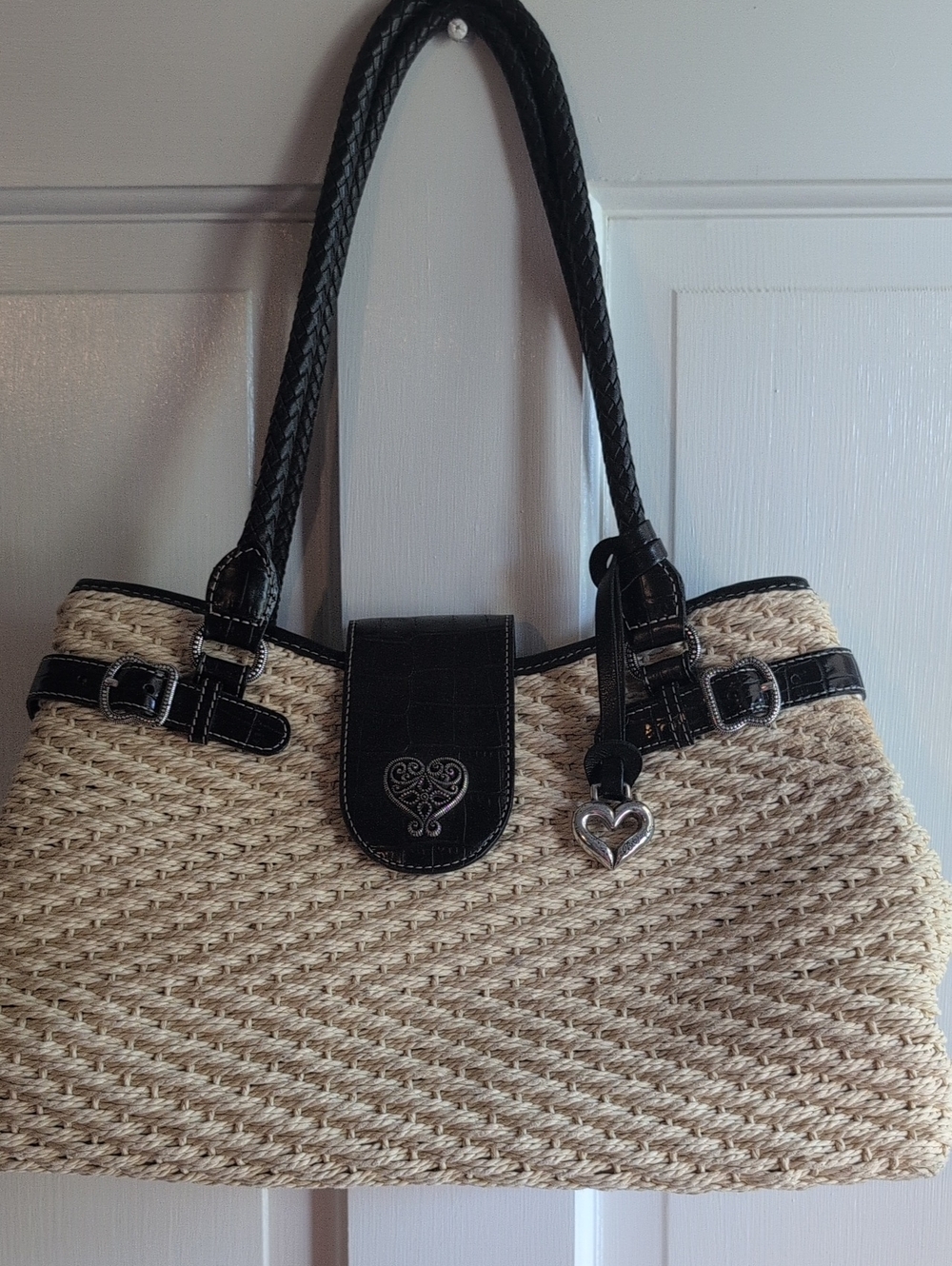 Brighton   Inspired Woven Straw Tote with Black Trim and Heart Charm
